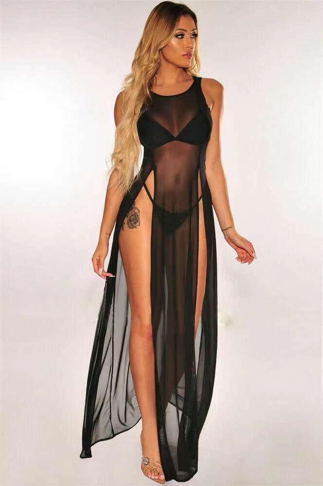 Black Sheer Mesh Long Nightgown