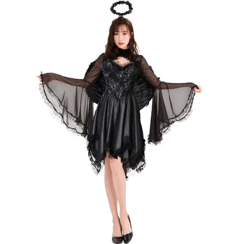Black lace-trim sexy angel Halloween costume